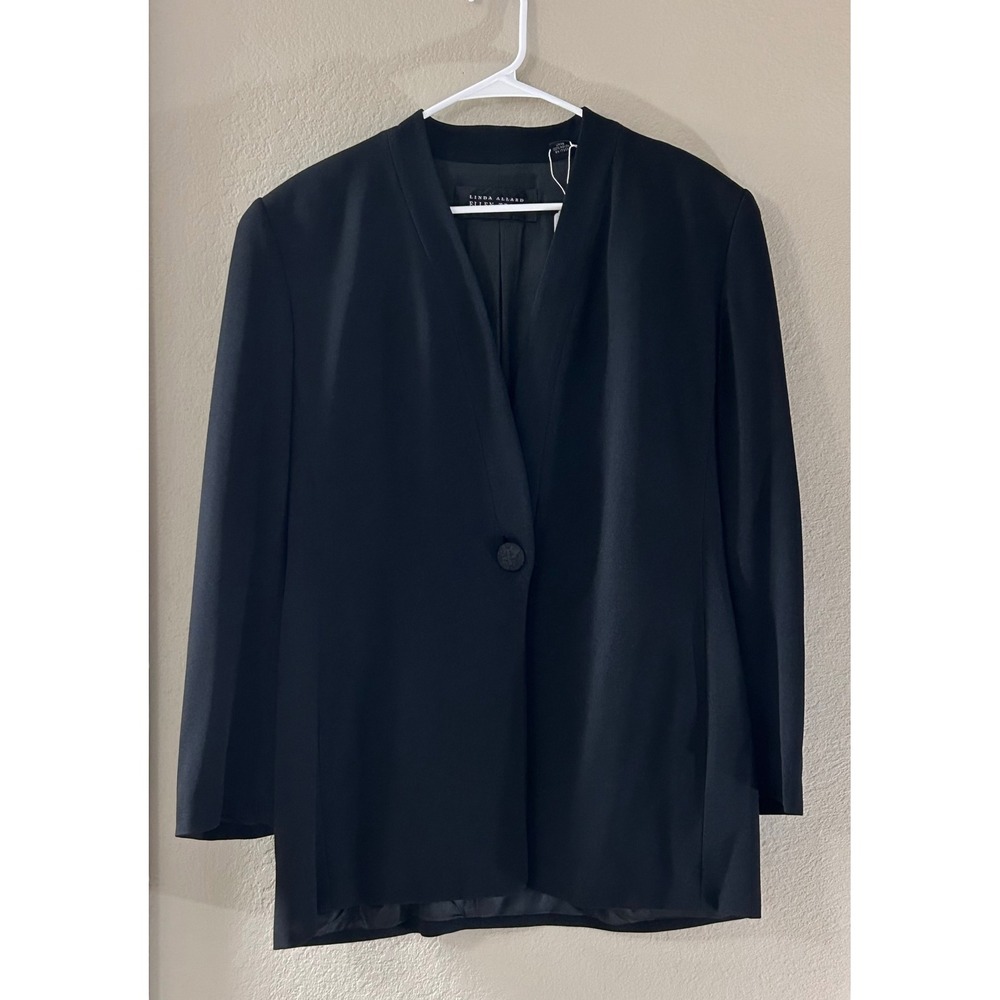 Linda Allard Ellen Tracy Black Collarless Single Button Blazer Jacket Size 16